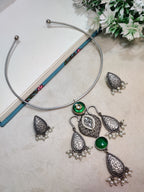 Oxidised Silver Plated Stone Studded Hasli Choker Jewellery Set For Women