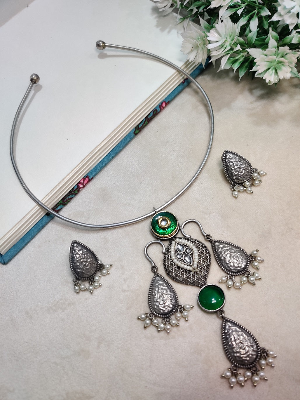 Oxidised Silver Plated Stone Studded Hasli Choker Jewellery Set For Women