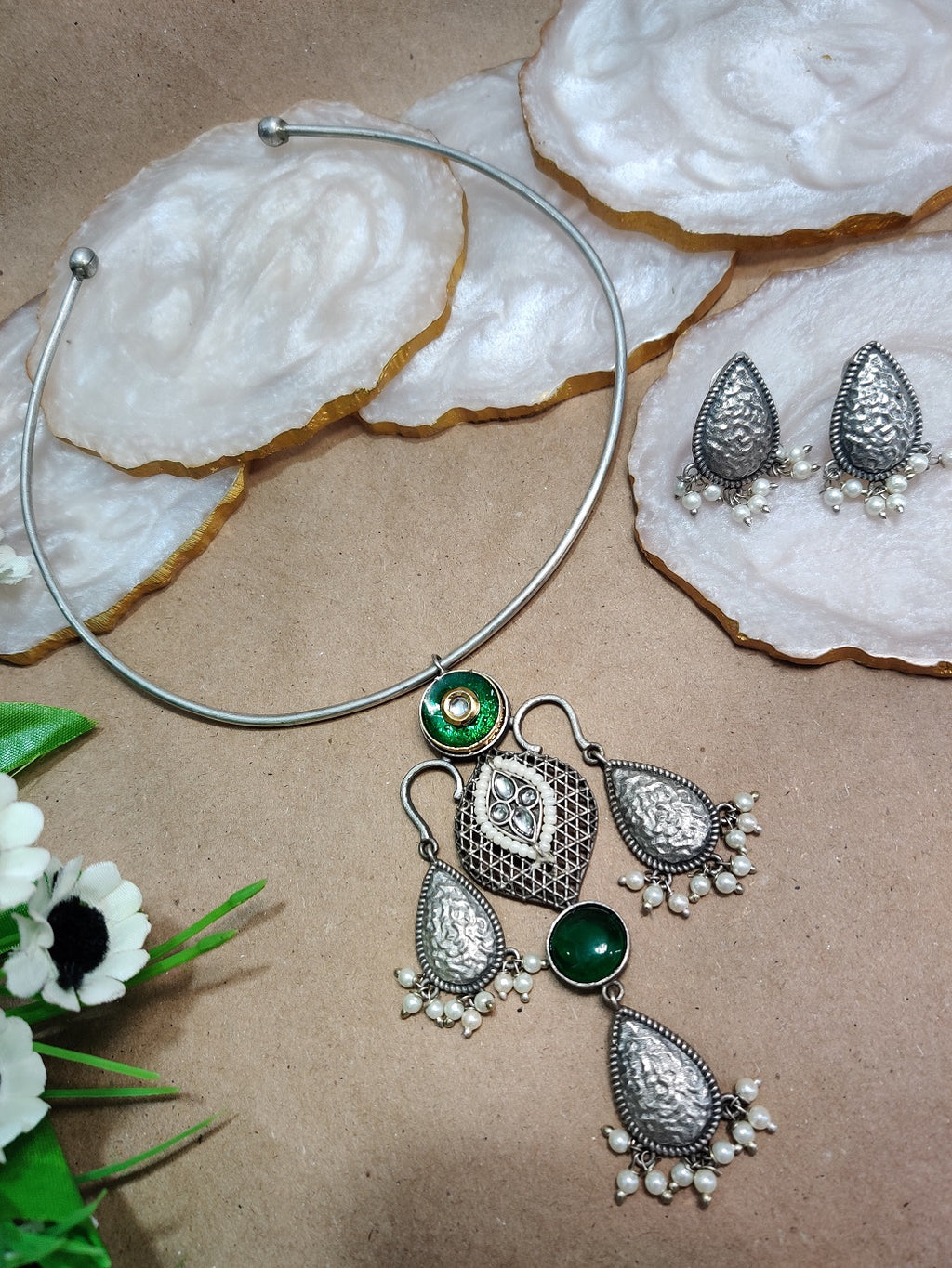 Oxidised Silver Plated Stone Studded Hasli Choker Jewellery Set For Women
