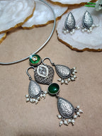 Oxidised Silver Plated Stone Studded Hasli Choker Jewellery Set For Women