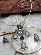 Oxidised Silver Plated Stone Studded Hasli Choker Jewellery Set For Women
