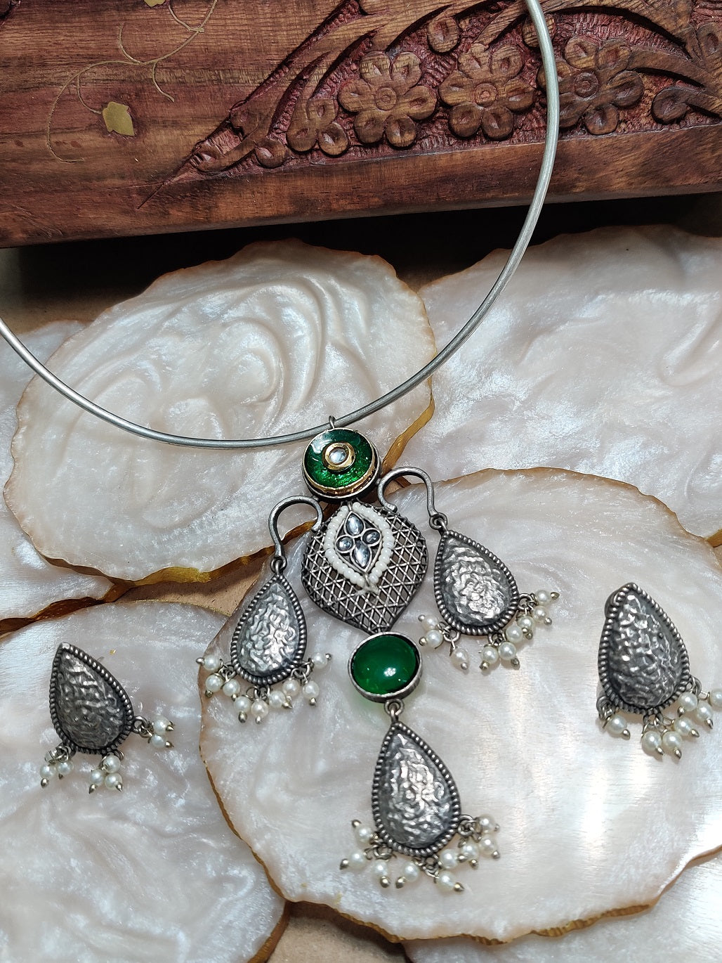 Oxidised Silver Plated Stone Studded Hasli Choker Jewellery Set For Women
