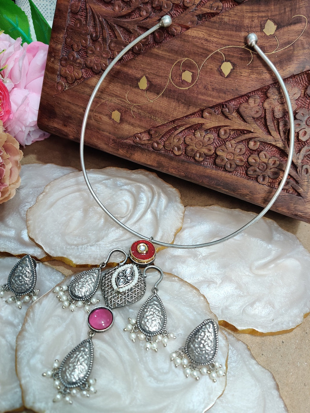 Oxidised Silver Plated Stone Studded Hasli Choker Jewellery Set For Women