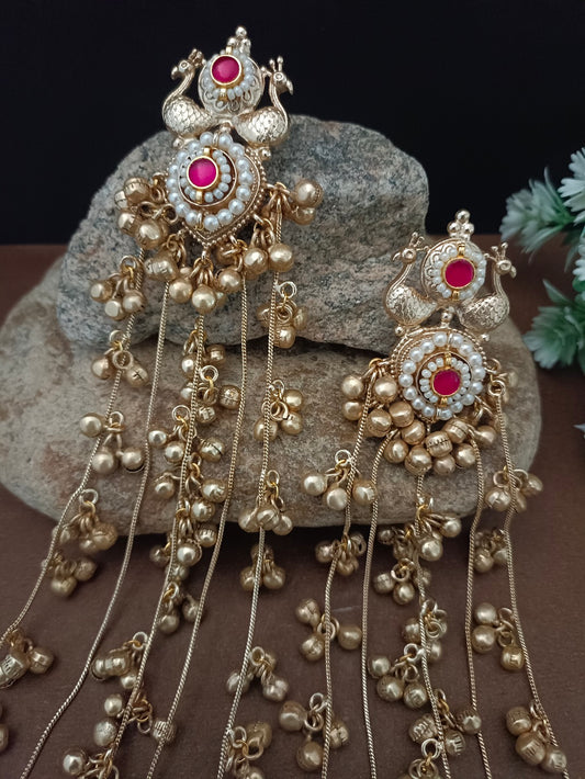 Gold Plated Pachi Kundan & Ghungaroo Studded Peacock Shaped Kashmiri Drop Earrings