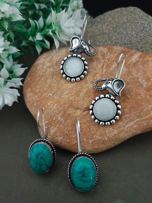 Sanjog Ethnic Oxidized Silver-Tone Drop Earrings Set: Elephant Heads with White Stone & Braided Turquoise