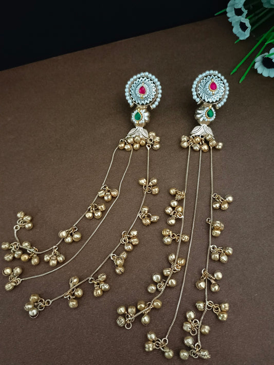 Brass Plated Pachi Kundan & Ghungaroo Studded Kashmiri Drop Earrings