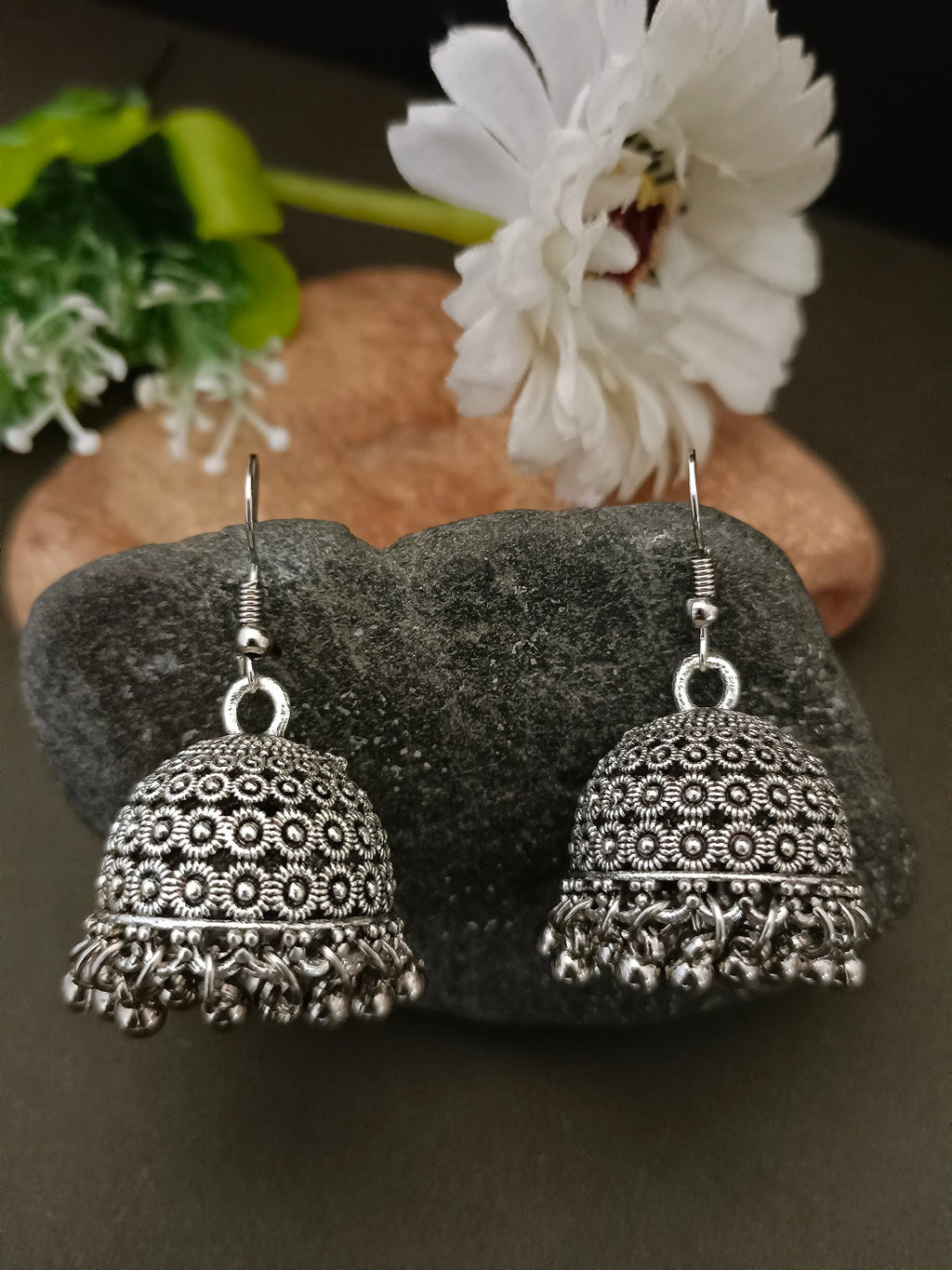 German Silver Silver-Plated Ghungroo Beaded Dome Shaped Oxidised Jhumkas