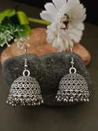 German Silver Silver-Plated Ghungroo Beaded Dome Shaped Oxidised Jhumkas