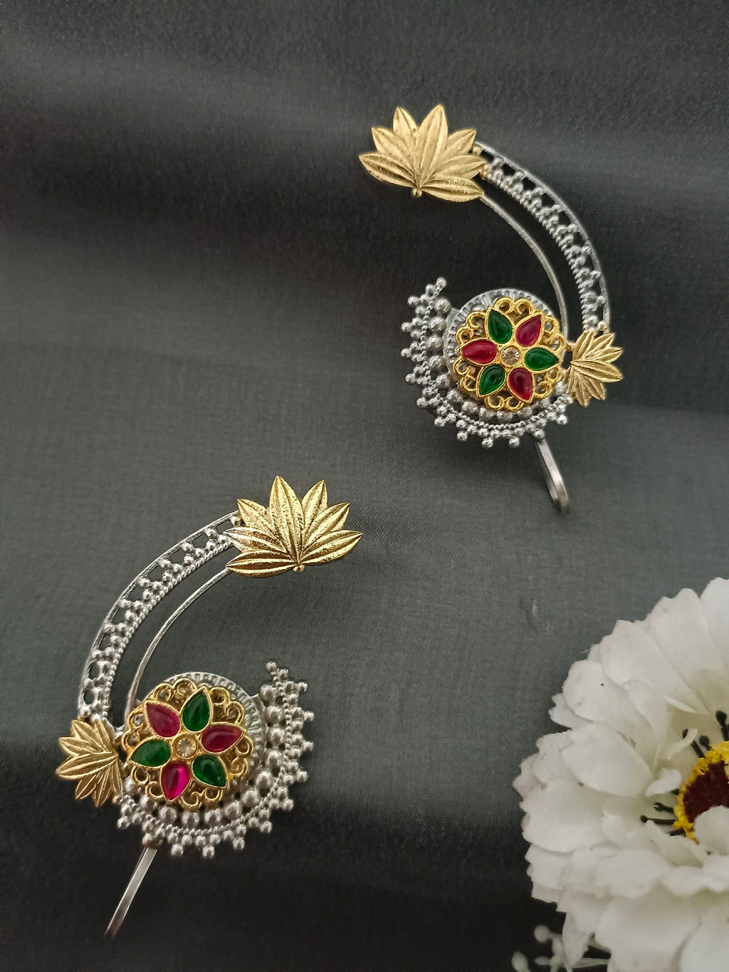 Brass-Plated Artificial Stones Studded Oxidised Floral Bugadi Ear Cuff Earring