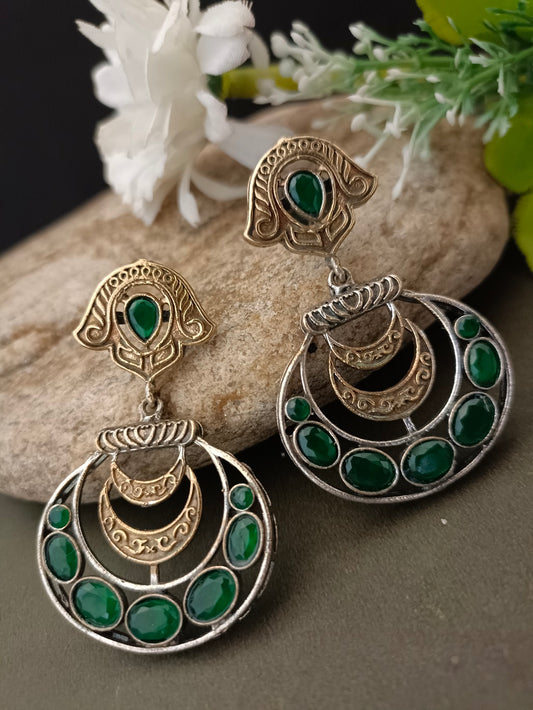 Sanjog Dual-Tone Antique Jhumka Drop Earrings with Emerald Green Stone Chandbali Design