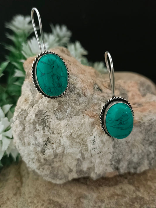 Sanjog Oxidized Silver Oval Drop Earrings with Turquoise Stone