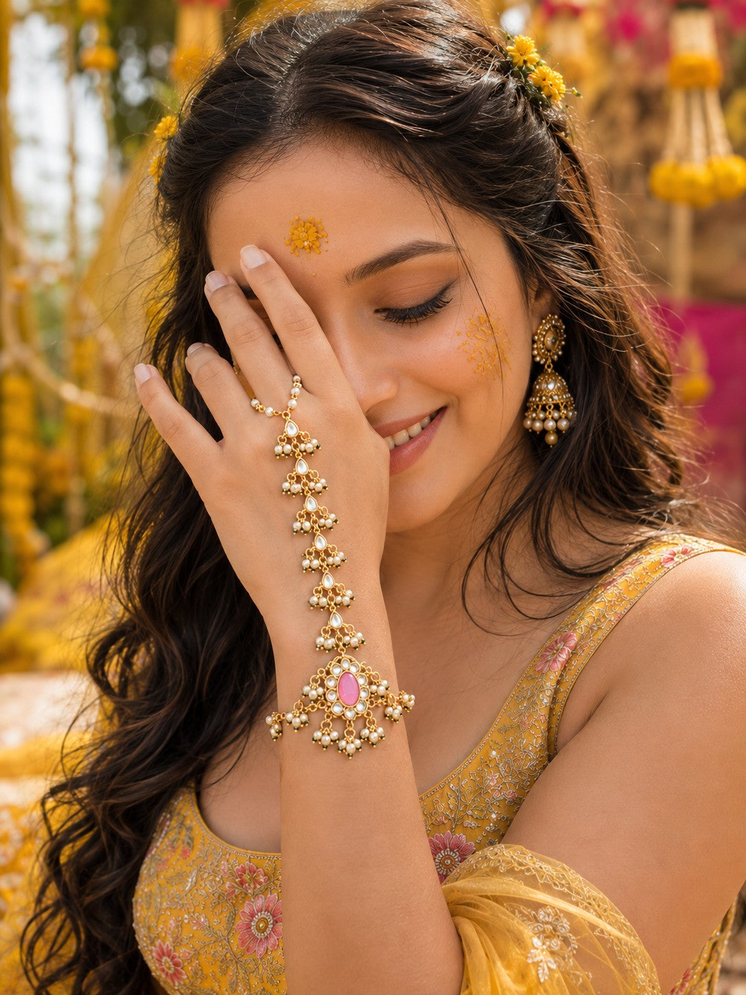 Gold-Plated Kundan Studded Meenakari Ring Hathphool Pearl Bracelets