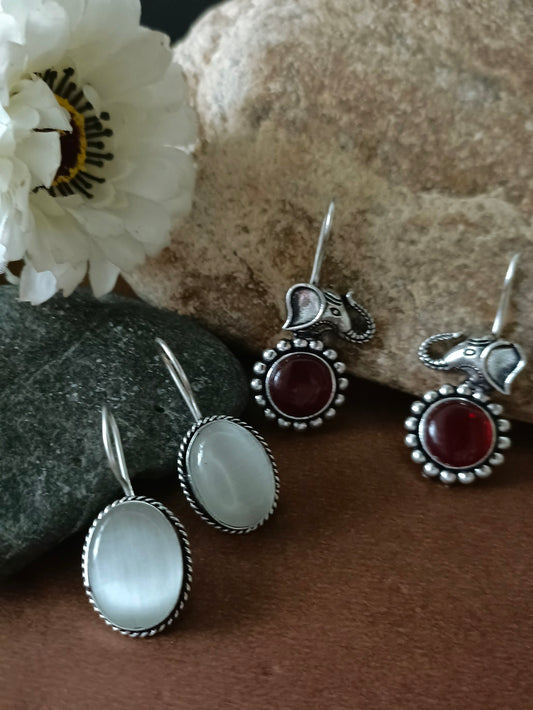 Sanjog Tribal Oxidized Silver Elephant & Red Stone Dangler Earrings