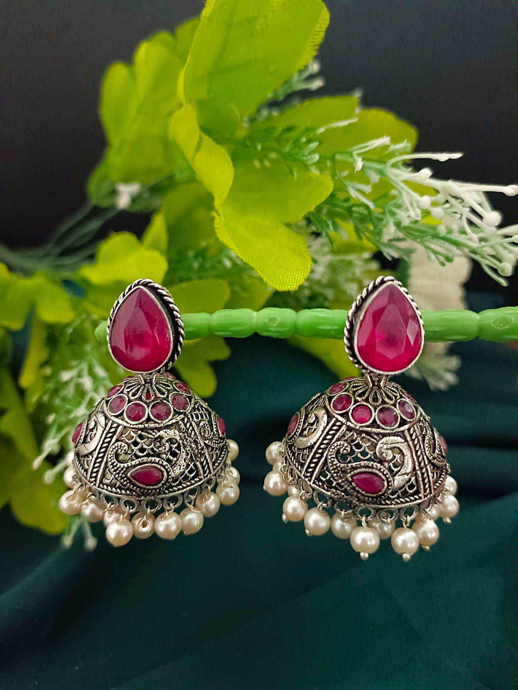 German Silver Plated Artificial Stones Studded And Beaded Dome Oxidised Jhumkas