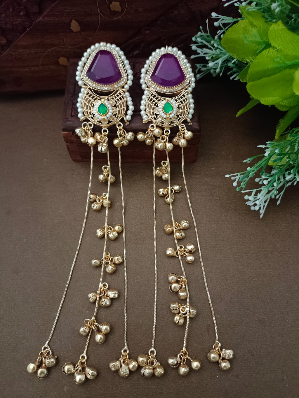 Gold-Toned Geometric Drop Earrings | Kundan Studded Beaded Kashmiri Style