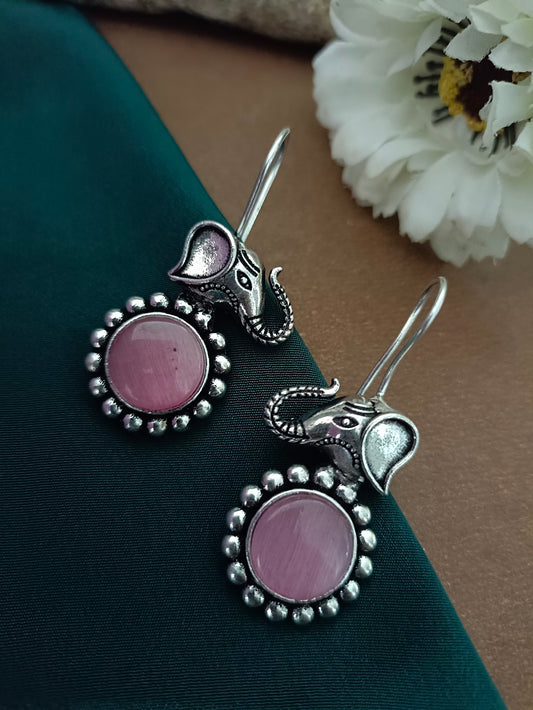 Sanjog Oxidized Silver Elephant Head Drop Earrings with Pink Stone