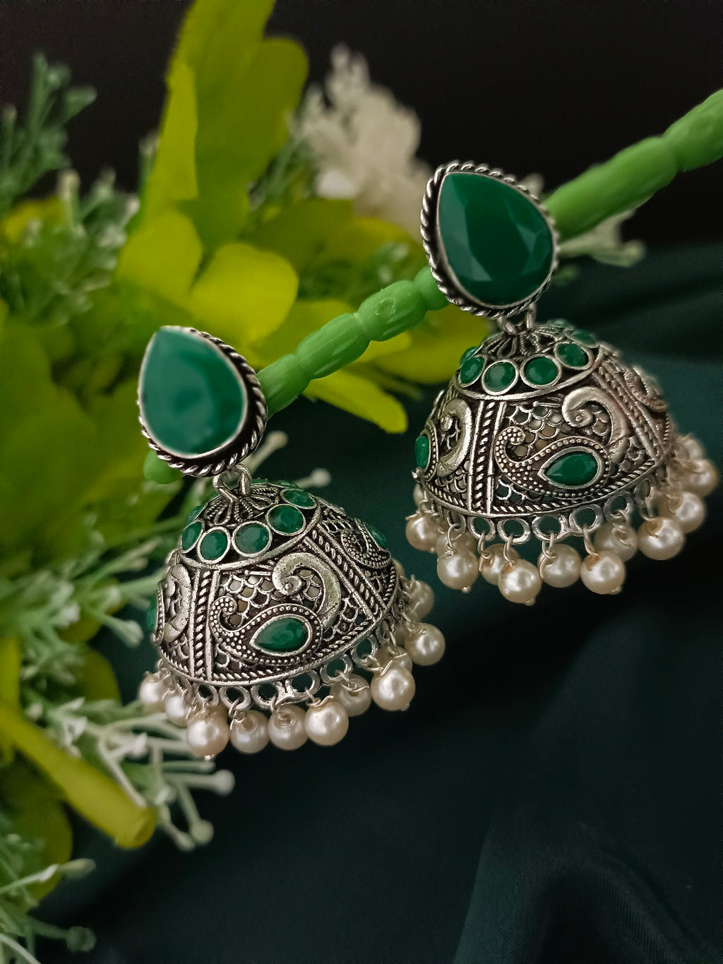 German Silver Silver-Plated Stones And Beaded Dome Shaped Oxidised Jhumkas