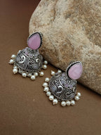 German Silver Plated Artificial Stones Studded And Beaded Dome Oxidised Jhumkas