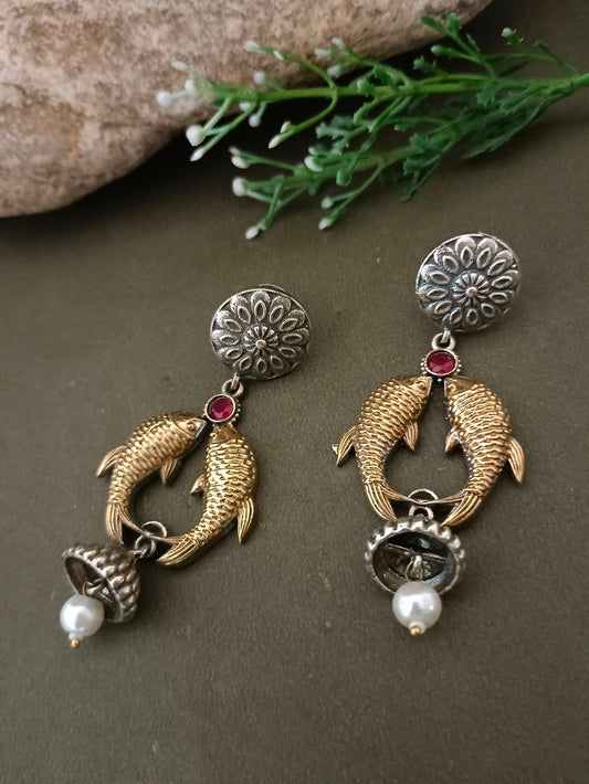 Sanjog Dual-Tone Oxidized Fish Motif Drop Earrings with Ruby Stone and Ghungroo Bell