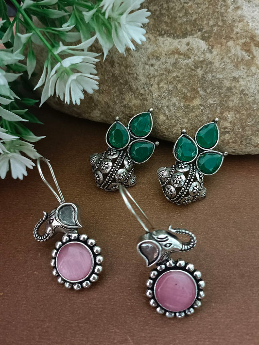 Sanjog Set of Two Pairs Oxidized Silver Elephant Drop Earrings with Pink Stone & Ethnic Green Cluster Studs