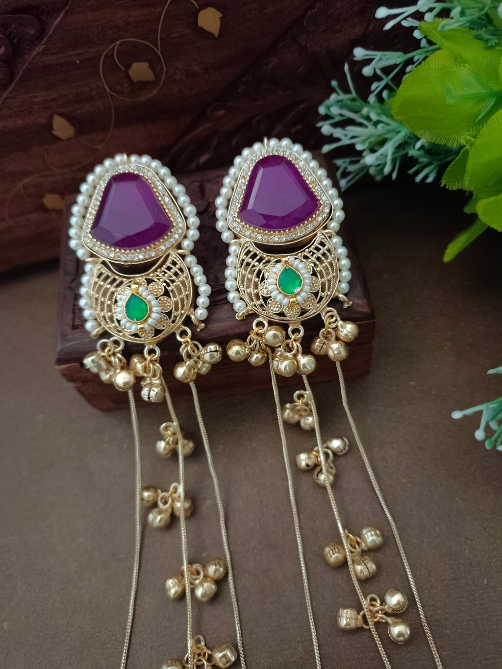 Gold-Toned Geometric Drop Earrings | Kundan Studded Beaded Kashmiri Style