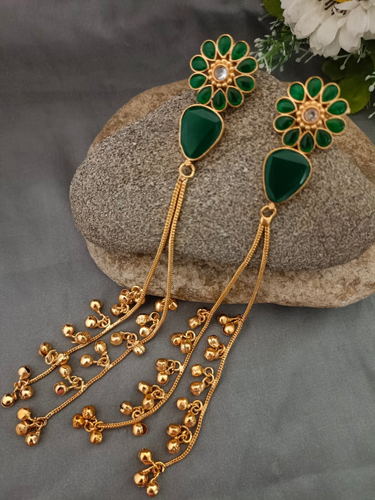 Brass- Plated Kundan & Ghungaroo Beaded Kashmiri Floral Drop Earrings