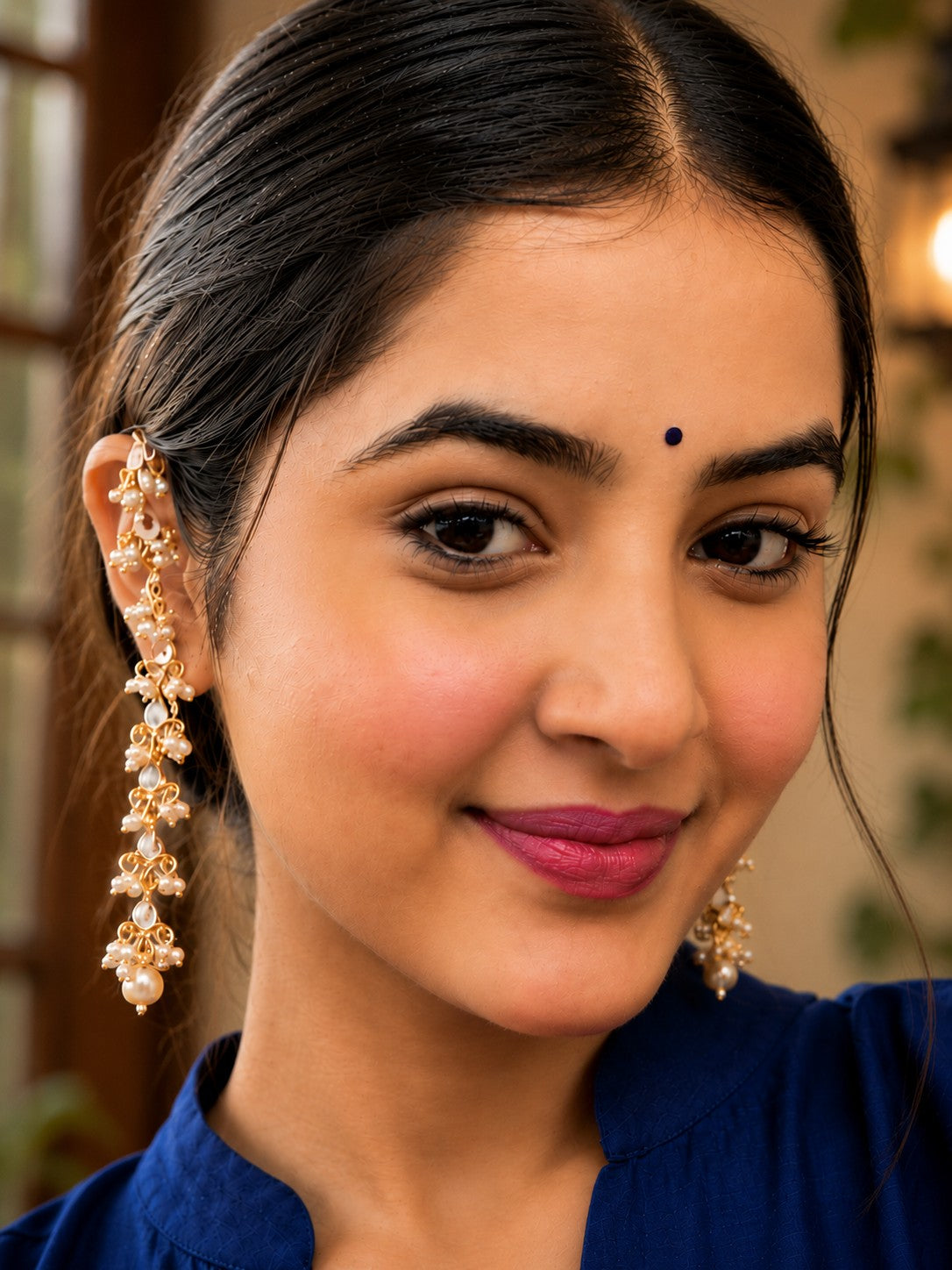 Sanjog Kundan Long Chain Earrings with Sahara and Pearl Drops