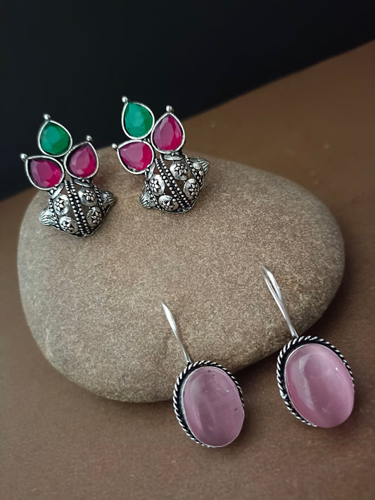 Sanjog Oxidized Silver Earring Set with Multicolored Studs & Pink Drop Earrings