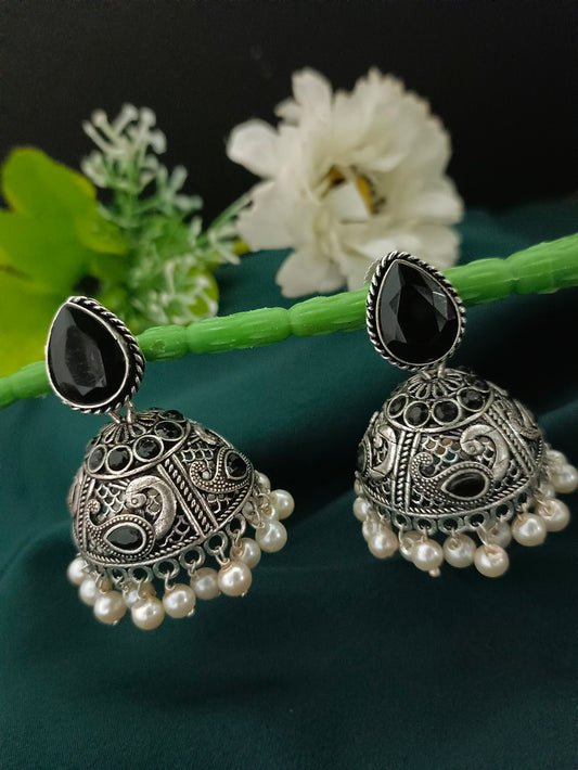 Sanjog Oxidized Silver Black Stone Traditional Jhumka Earrings with Pearl Drops