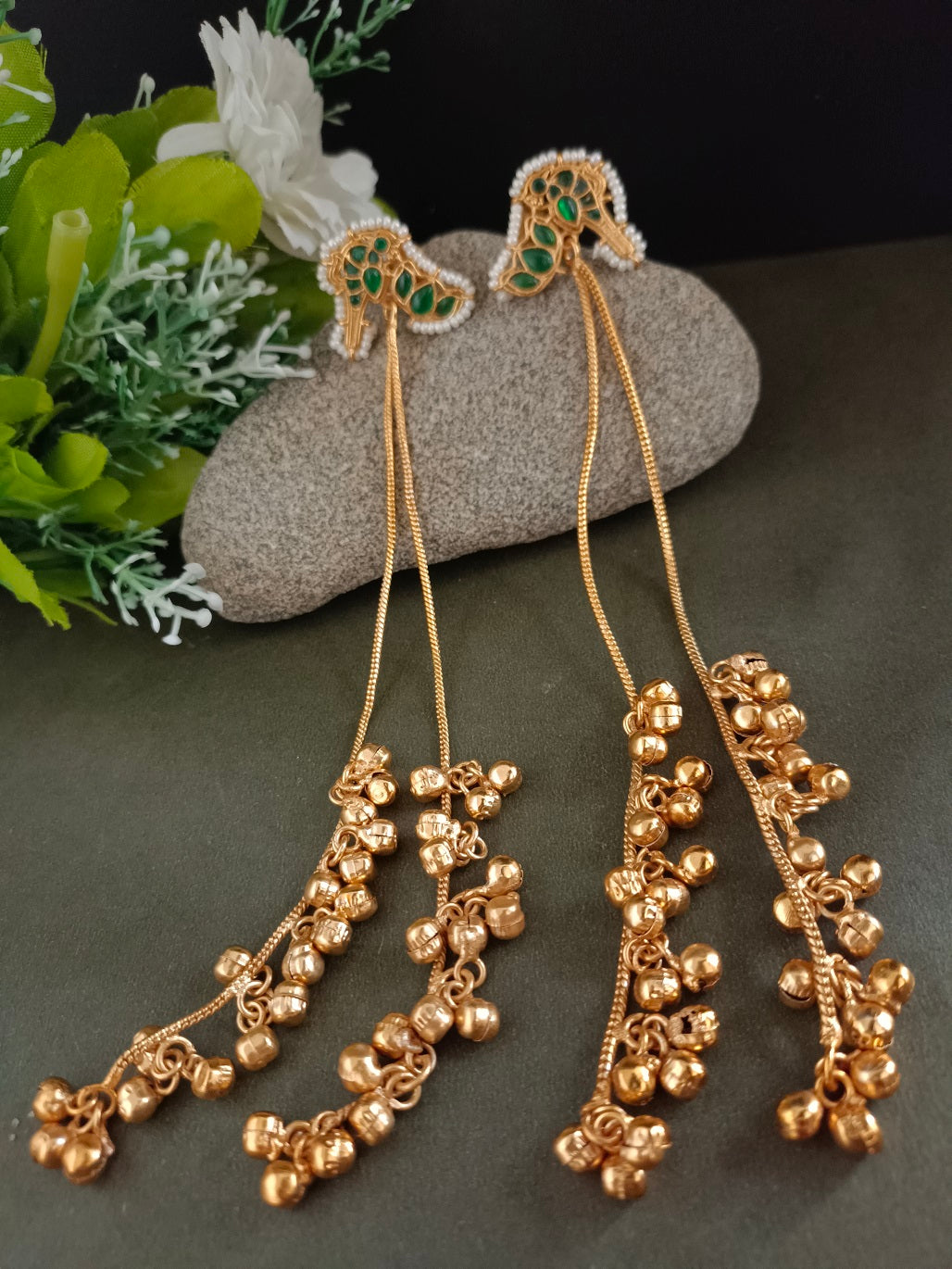 Sanjog Gold-Plated Kundan Studded & Ghungroo Beaded Tasselled Peacock Drop Earrings