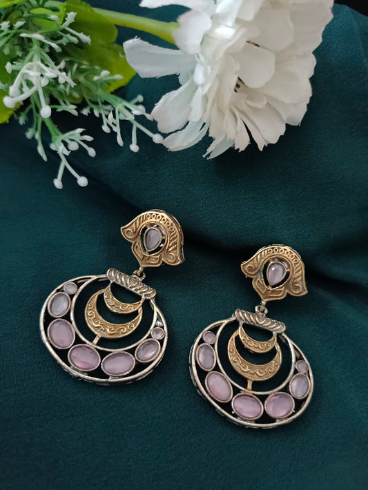 Sanjog Dual-Tone Antique Jhumka Drop Earrings with Pink Stone Crescent and Chandbali Design