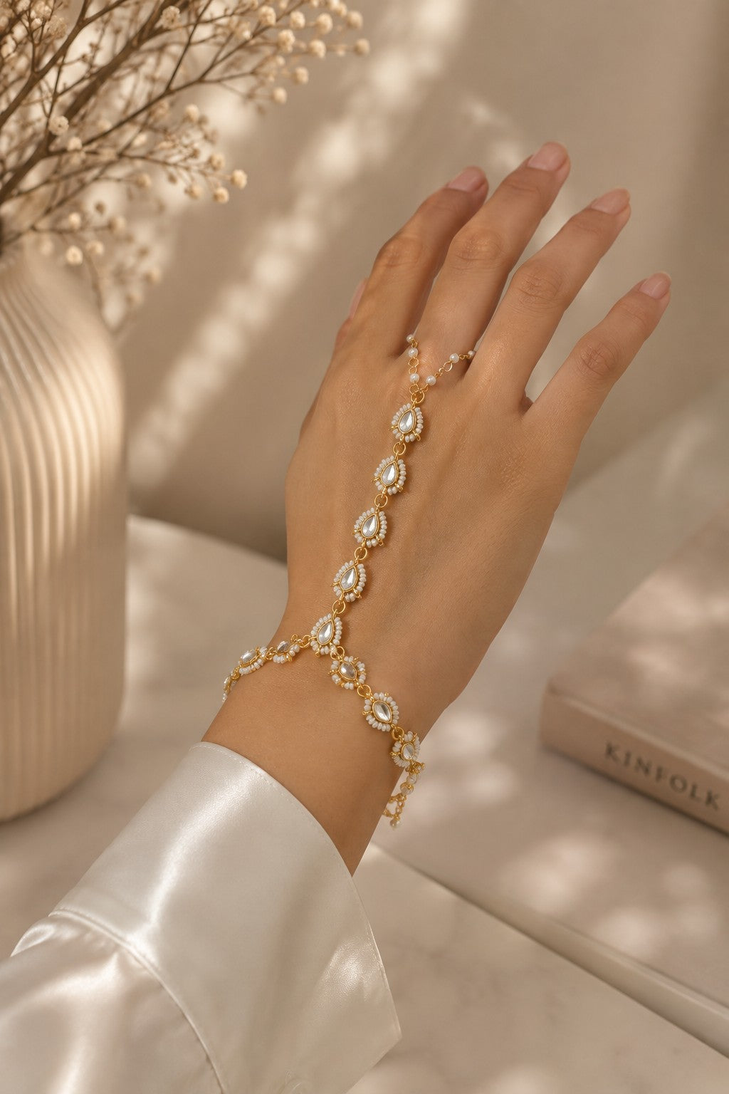 Gold-Plated Kundan Studded Finger Ring Hathphool Pearl Bracelets