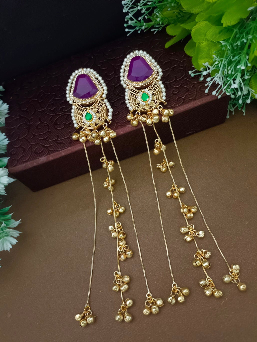 Gold-Toned Geometric Drop Earrings | Kundan Studded Beaded Kashmiri Style
