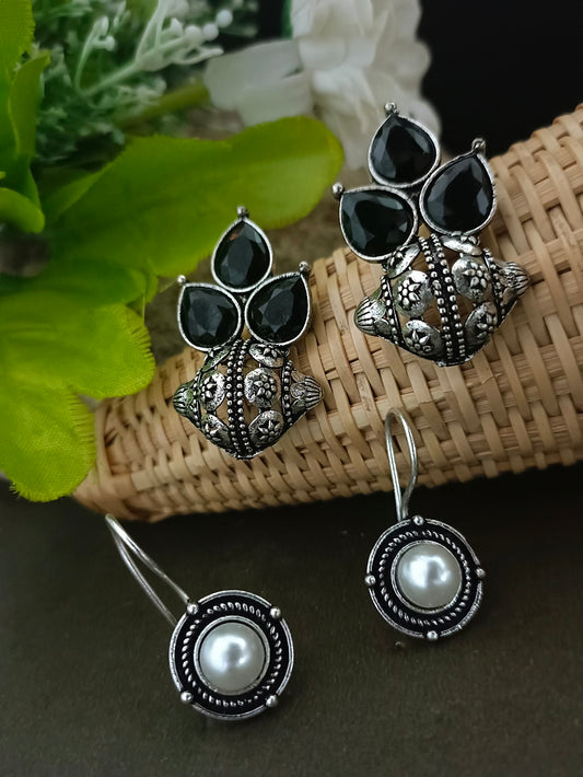 Sanjog Tribal Oxidized Silver Stud Earrings with Black Stone Cluster
