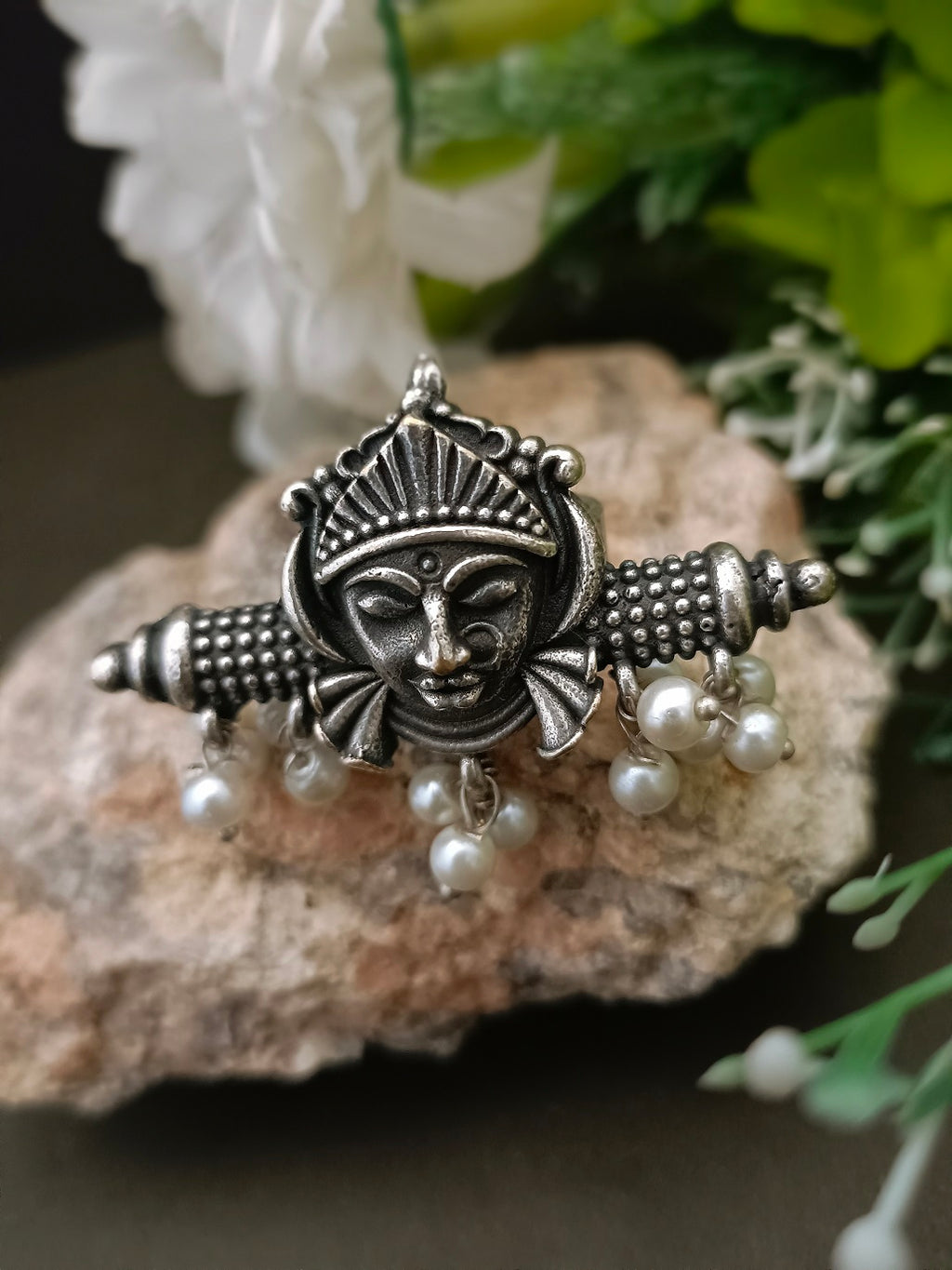 German Silver-Plated Beaded Oxidised Finger Ring