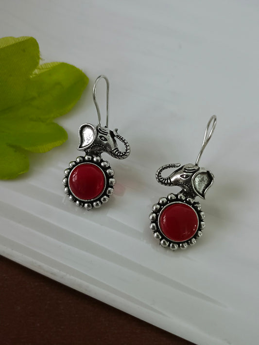 Sanjog Oxidized Silver Elephant Drop Earrings with Red Stone