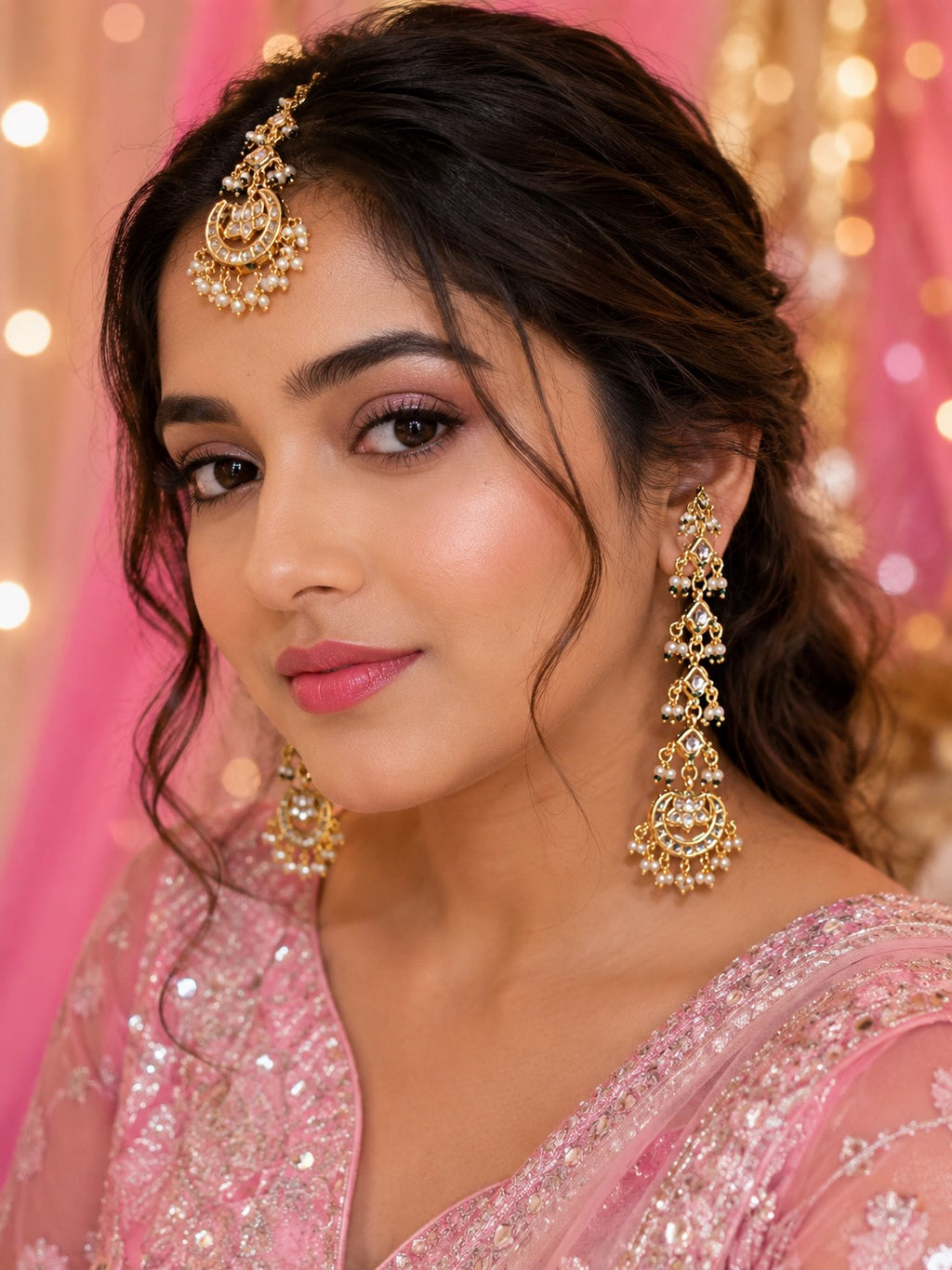 Gold Plated Kundan Studded Chandbali Earrings and Maang Tiika Jewellery Set