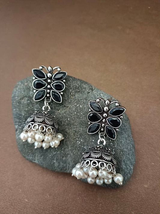 Sanjog Oxidized Silver Black Stone Floral Jhumka Earrings with Pearl Drops
