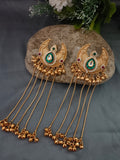 Brass-Plated Pachi Kundan & Ghungaroo Beaded Kashmiri Crescent Shaped Drop Earrings