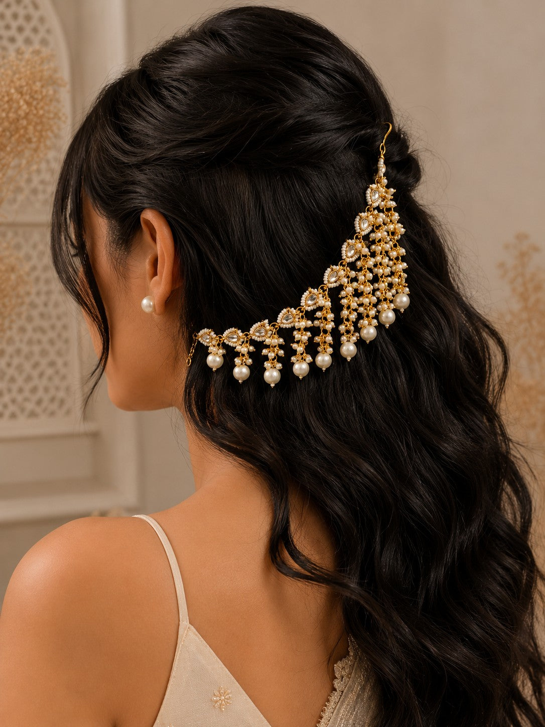 Gold-Plated Pearls Studded Layered Ear Chain With Sahara Earchain Earrings