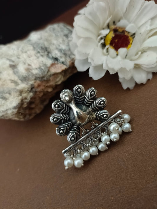 German Silver-Plated Beaded Oxidised Finger Ring For Women