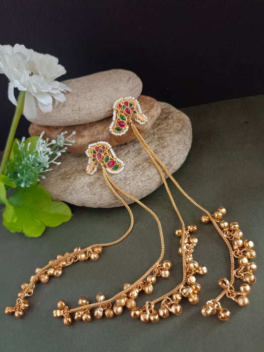 Gold-Plated Kundan Studded & Ghungroo Beaded Tasselled Peacock Drop Meenakari Earrings