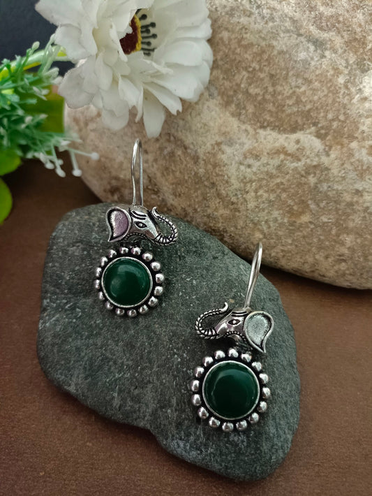 Sanjog Oxidized Silver Elephant Head Drop Earrings with Emerald Green Stone