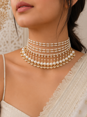 Gold-Plated Kundan Studded Pearls Beaded Layered Choker Necklace