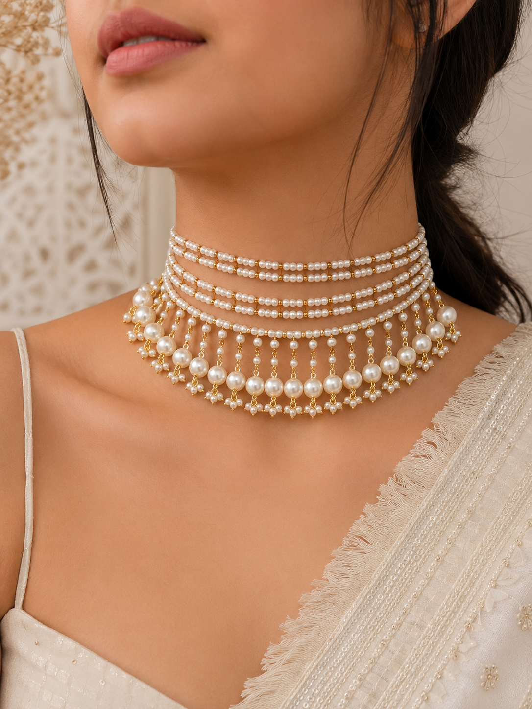Gold-Plated Kundan Studded Pearls Beaded Layered Choker Necklace