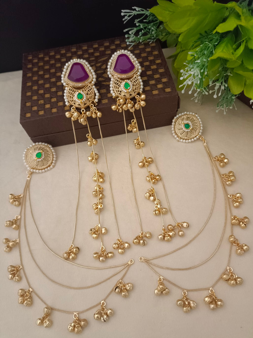 Gold-Toned Geometric Drop Earrings | Kundan, Ghungroo Beaded Kashmiri Earchains