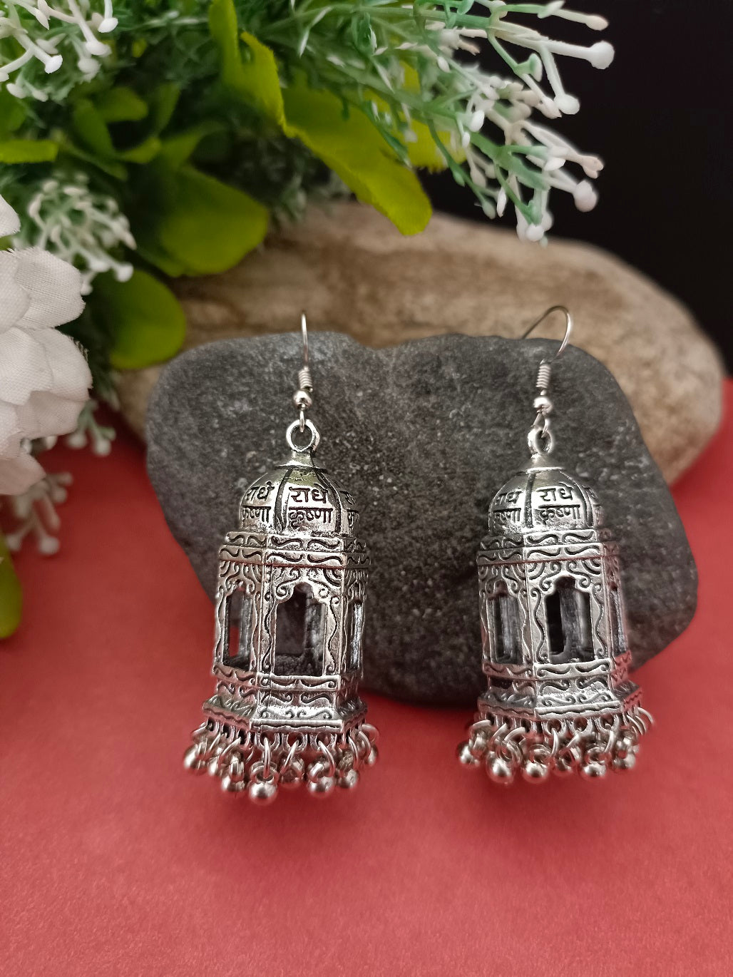 German Silver Silver-Plated Ghungroo Beaded Dome Shaped Oxidised Jhumkas