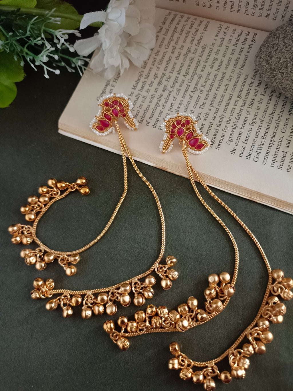Gold-Plated Kundan Studded & Ghungroo Beaded Tasselled Peacock Kashmiri Drop Earrings