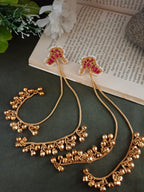 Gold-Plated Kundan Studded & Ghungroo Beaded Tasselled Peacock Kashmiri Drop Earrings