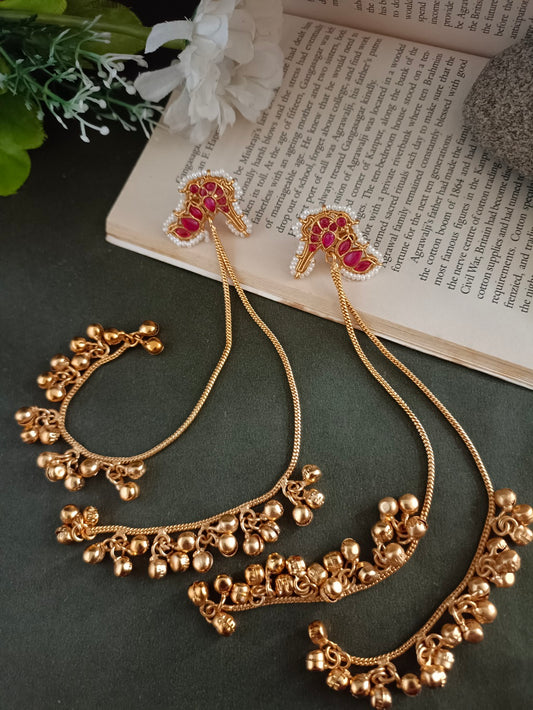 Gold-Plated Kundan Studded & Ghungroo Beaded Tasselled Peacock Kashmiri Drop Earrings